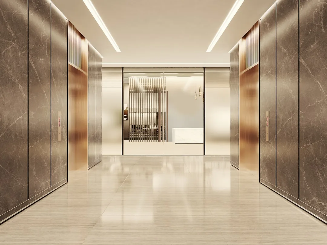Clean, well-maintained commercial office interior with polished floors and organised workspace