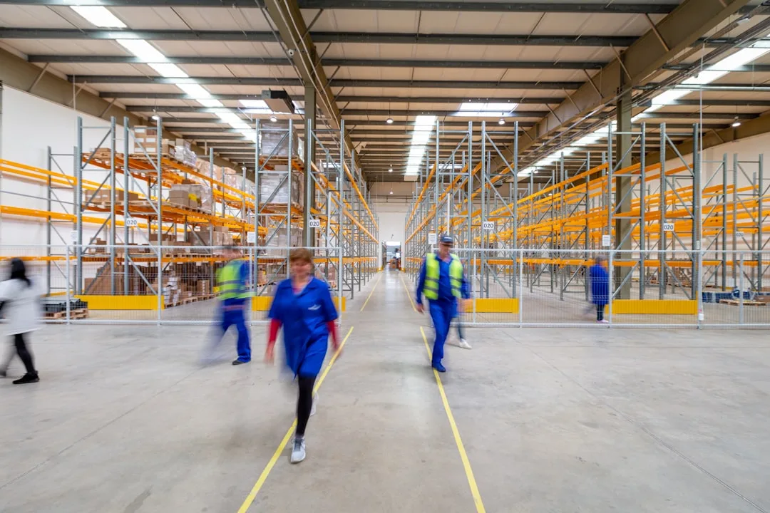 Clean industrial warehouse interior with organised floor space and clear walkways